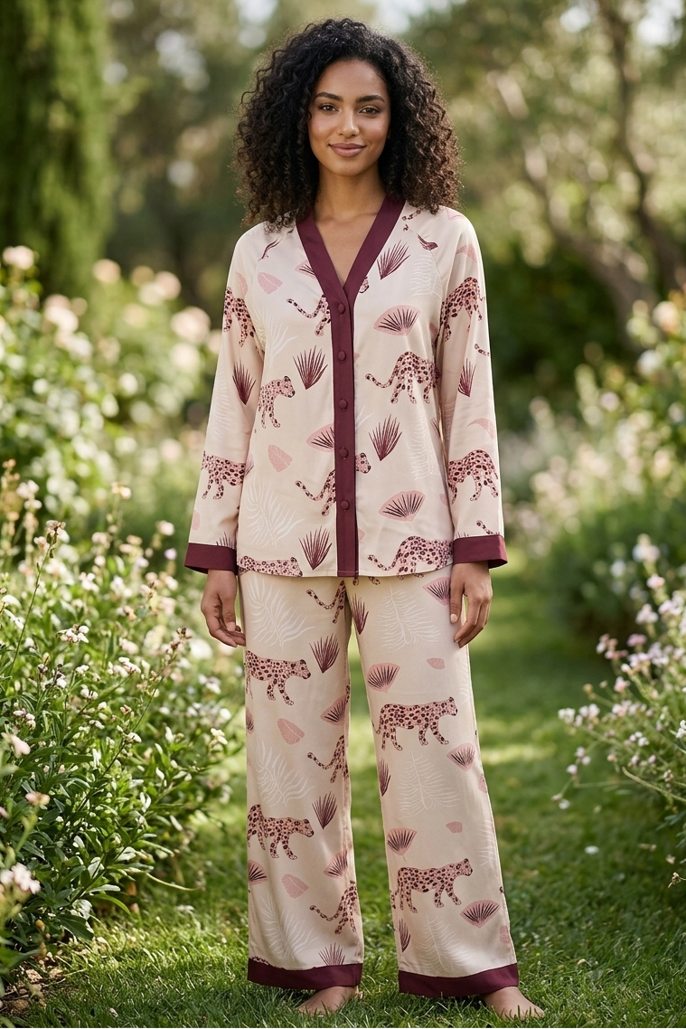 Woman wearing a patterned pajama set in a garden setting