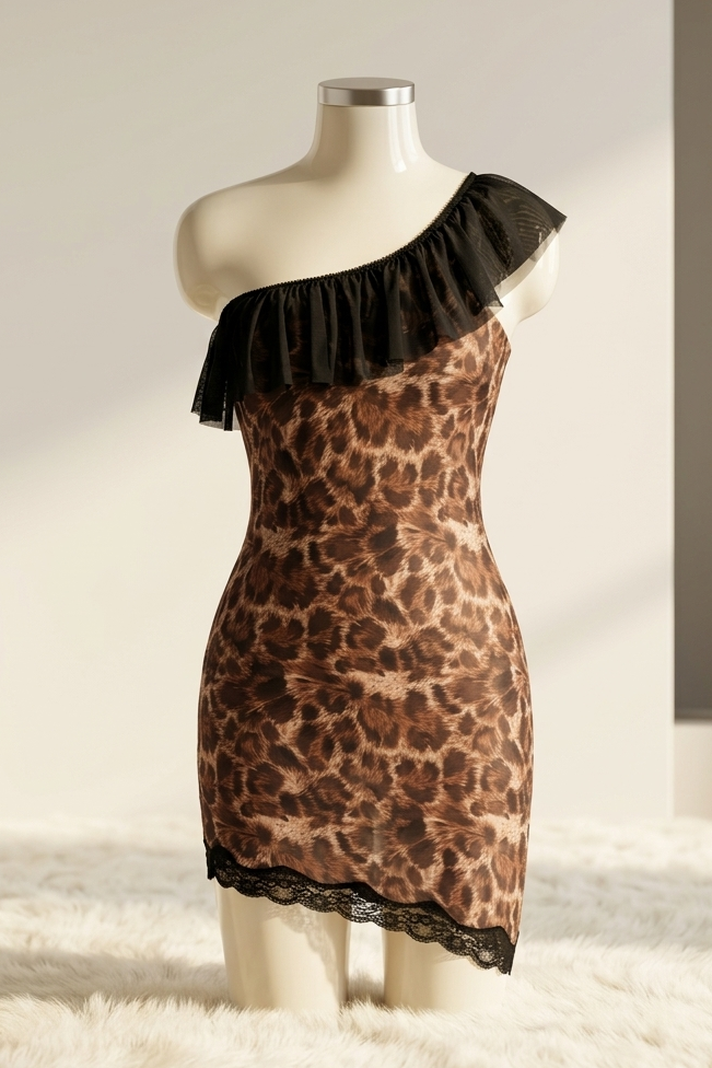 Leopard print dress with black ruffle on a mannequin against a neutral background