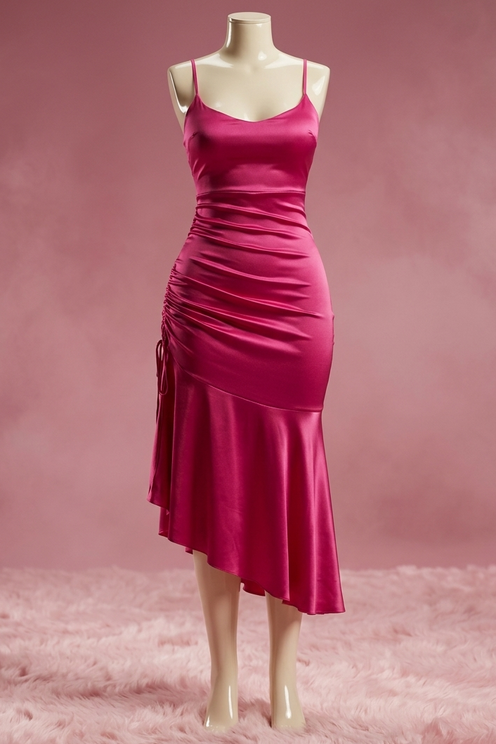 Pink dress on a mannequin against a pink background