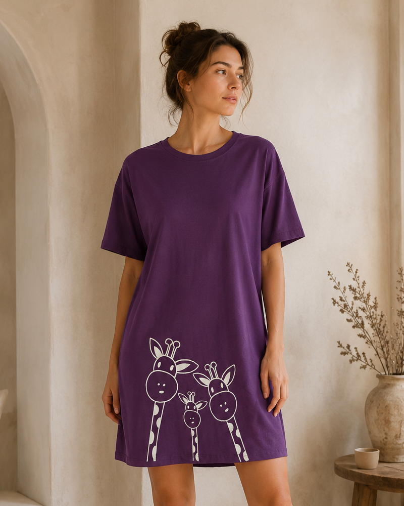 Woman wearing a purple dress with animal prints in a home setting