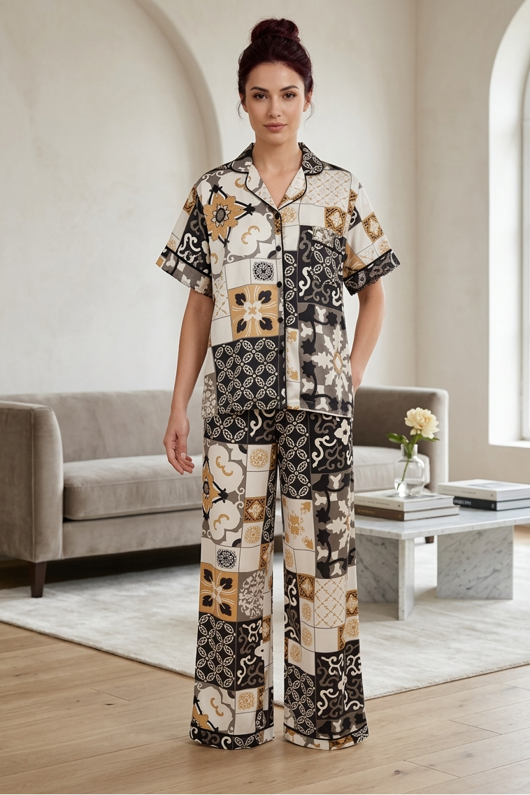 Woman wearing a patterned outfit in a modern living room.