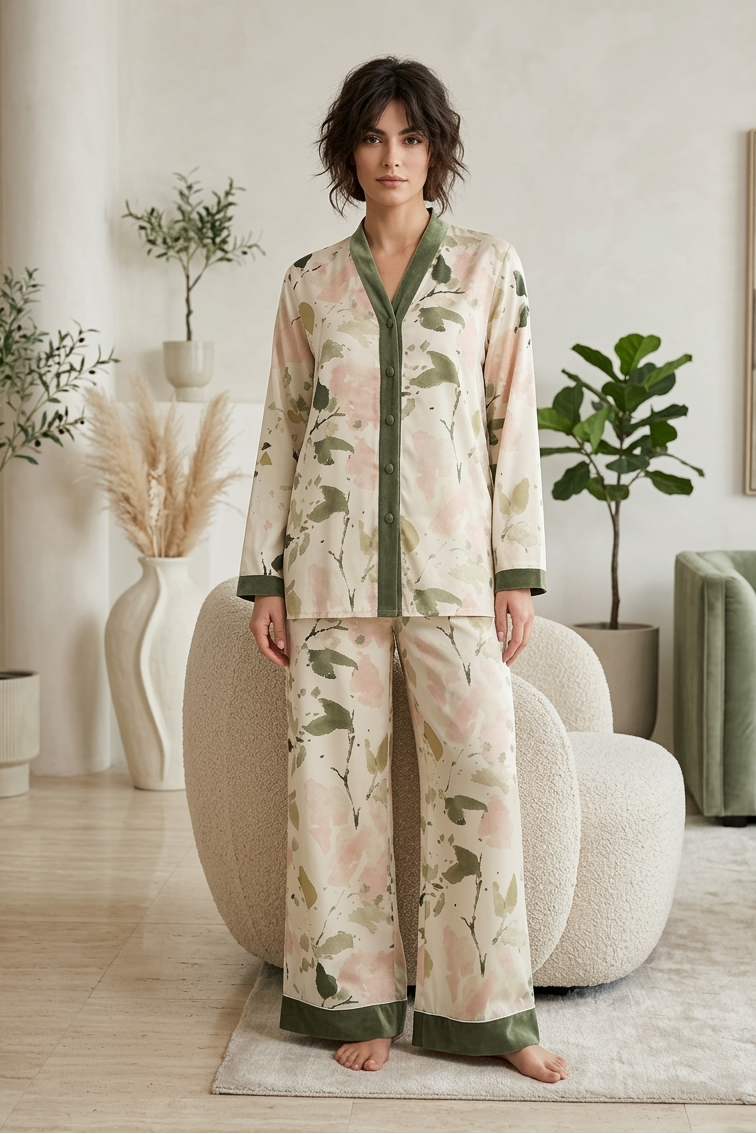 Woman wearing a floral pajama set in a cozy living room.