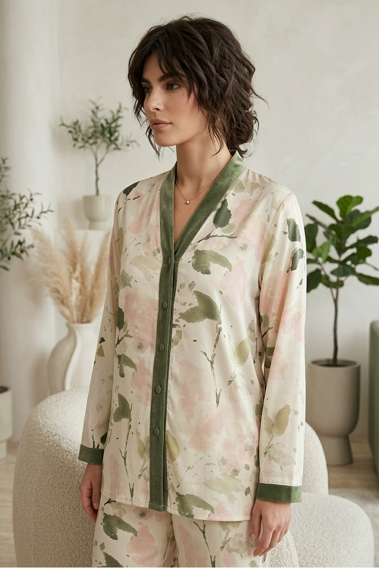 Woman wearing a floral pajama set in a cozy room with plants.