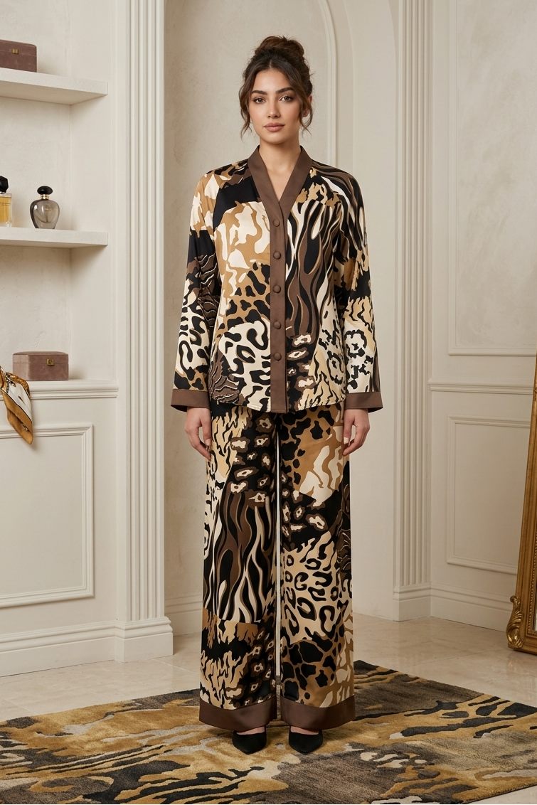 Woman in a patterned outfit standing in a stylish room with decor elements.