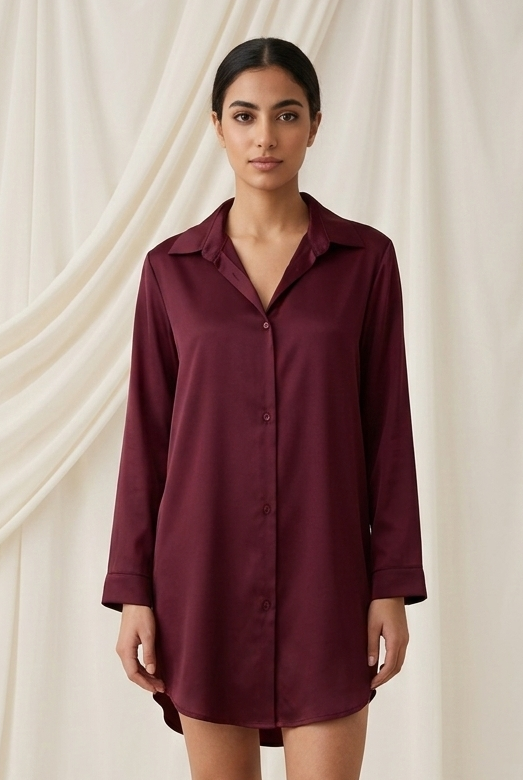 Woman wearing a burgundy shirt dress against a white draped curtain background