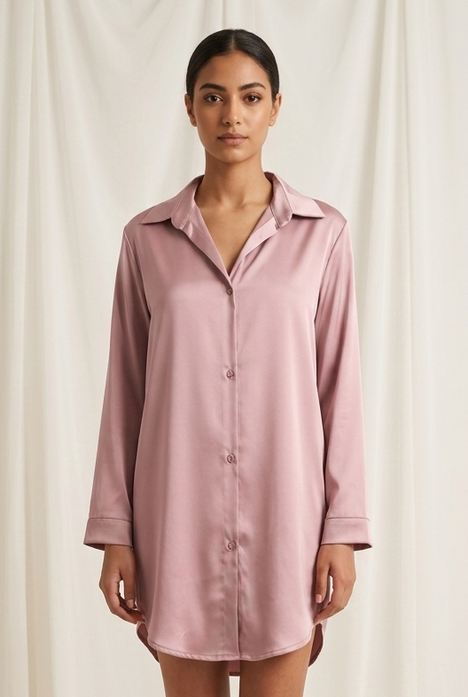 Woman wearing a pink satin nightshirt against a white background