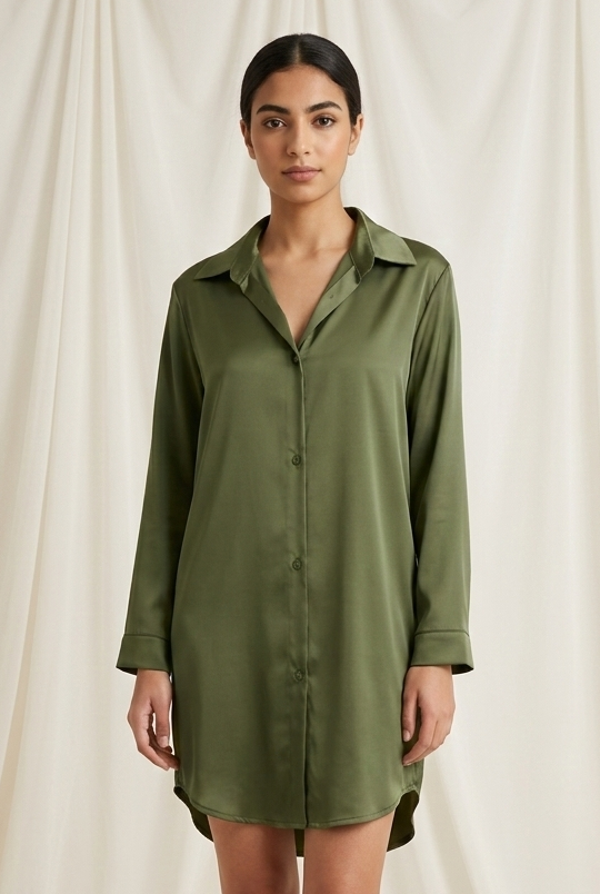 Woman wearing a green shirt dress against a plain background