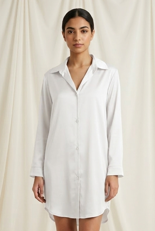 Woman wearing a white shirt dress against a plain background