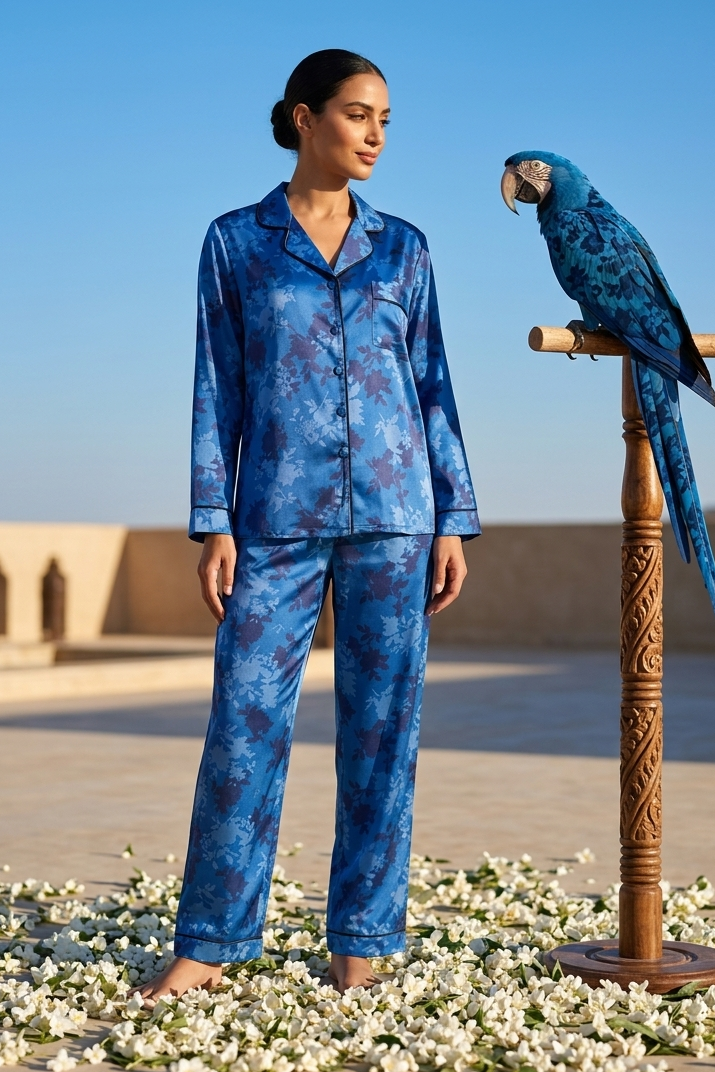 Woman in blue pajama set standing next to a parrot on a perch with a clear blue sky in the background.