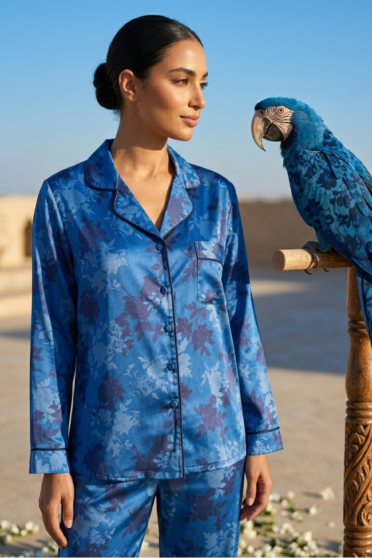Woman in blue pajama set with a parrot on a wooden perch outdoors.