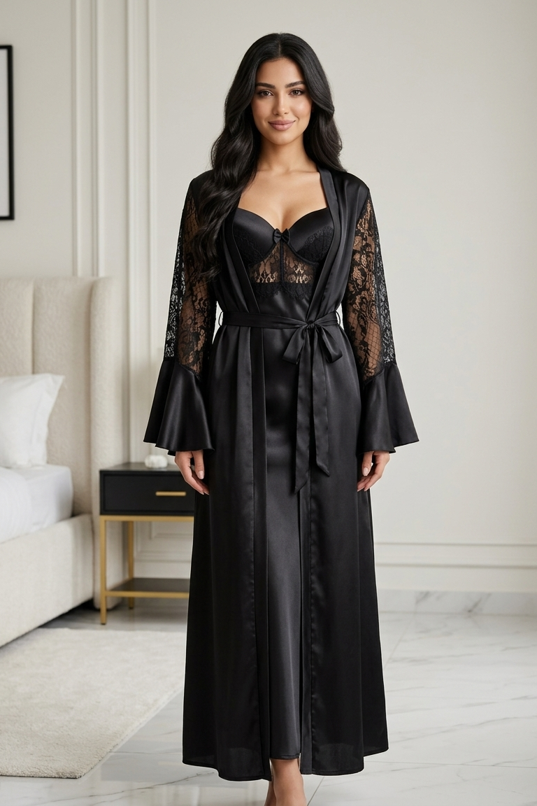 Woman wearing a black satin robe with lace sleeves in a bedroom setting