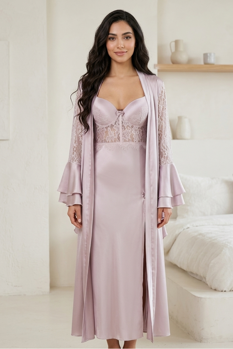 Woman wearing a light purple dress with lace detailing in a bright room.