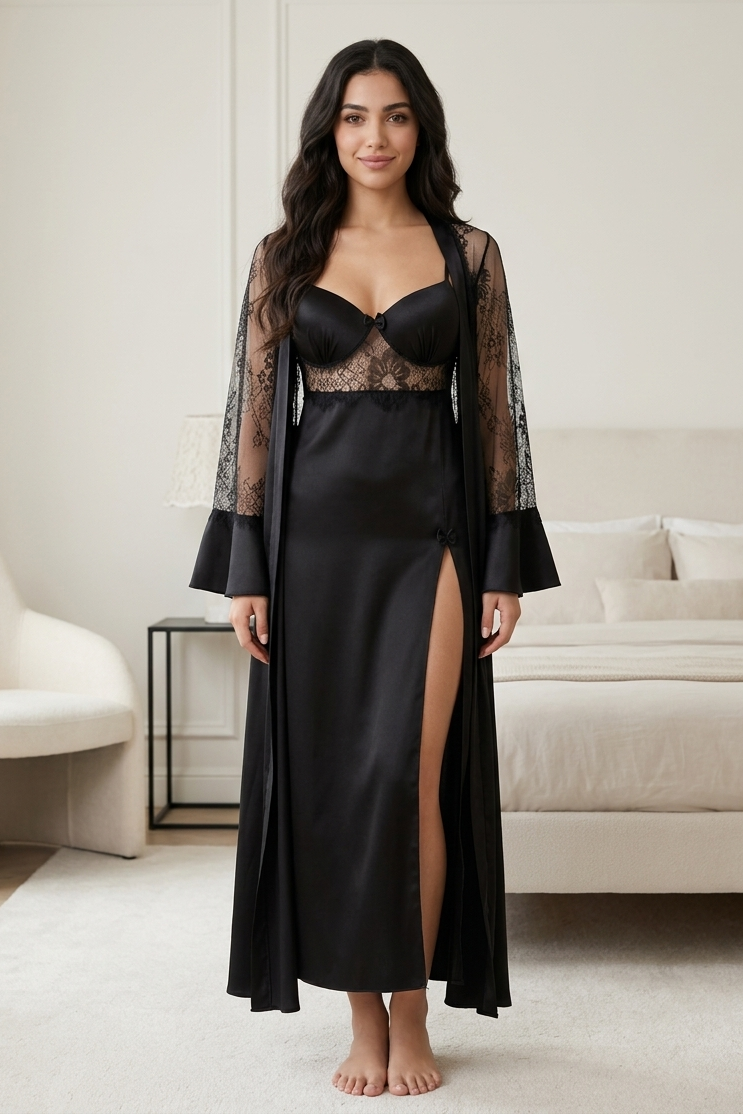 Woman wearing a black lace nightgown with sheer sleeves in a modern living room.