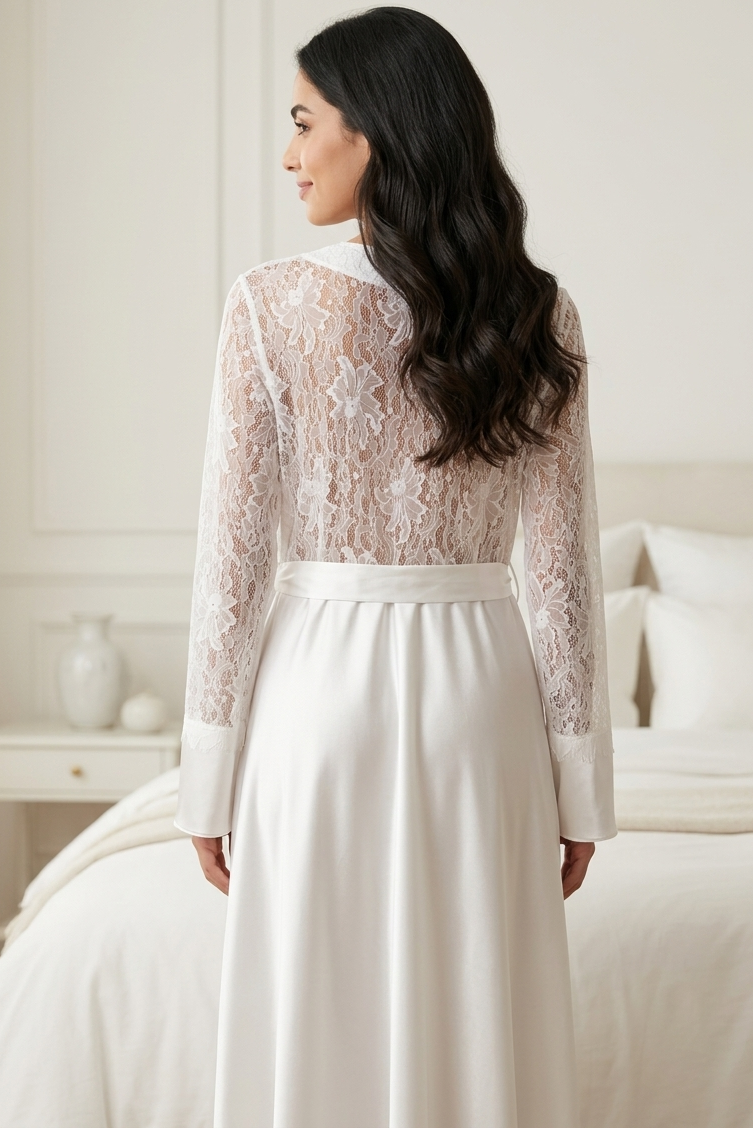 Woman wearing a lace wedding dress in a bedroom setting
