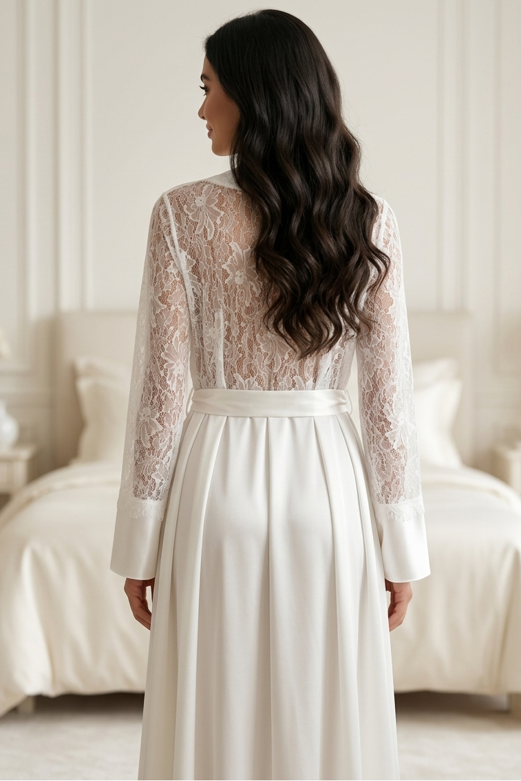 Woman wearing a white lace wedding dress in a bedroom setting