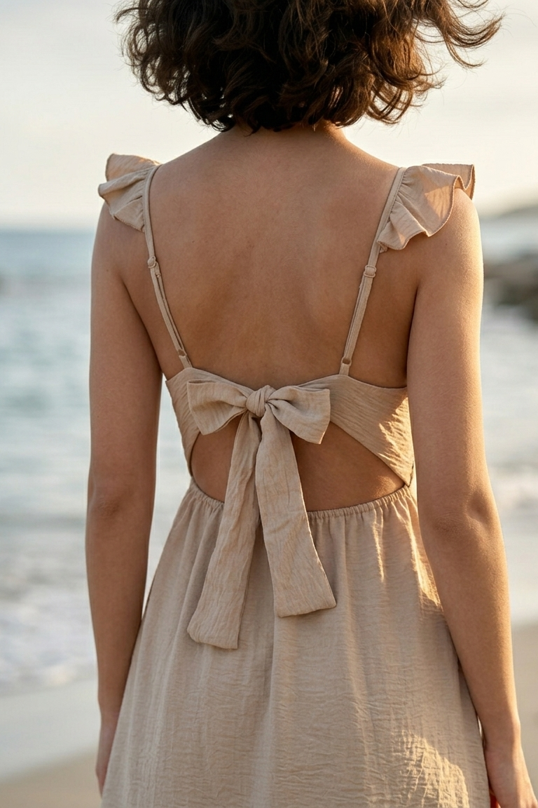 Woman wearing a beige dress with a bow detail on a beach