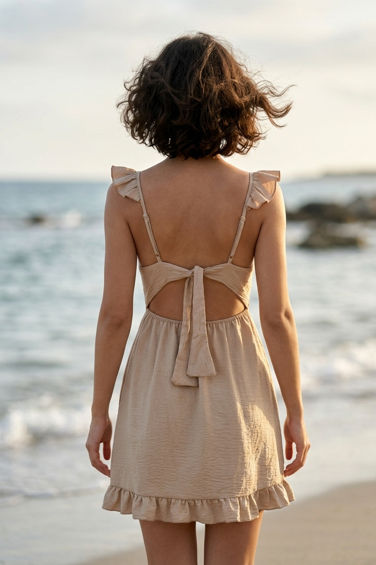 Woman in a beige dress with cut-out back standing on a beach.