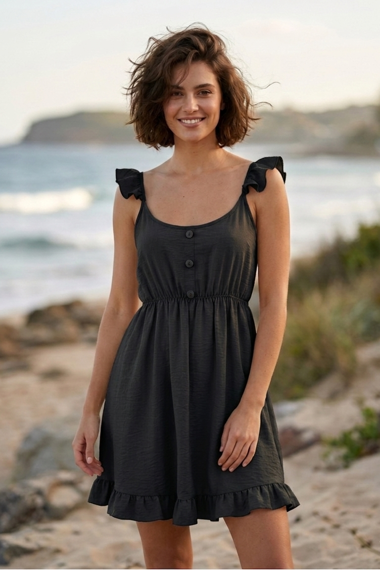 Woman in a black dress standing on a beach with ocean in the background