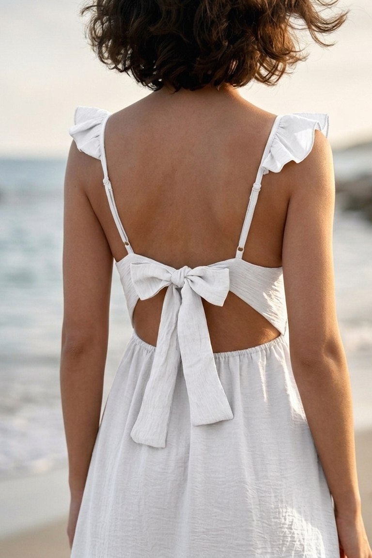 Woman wearing a white dress with ruffled straps and a bow at the back on a beach.