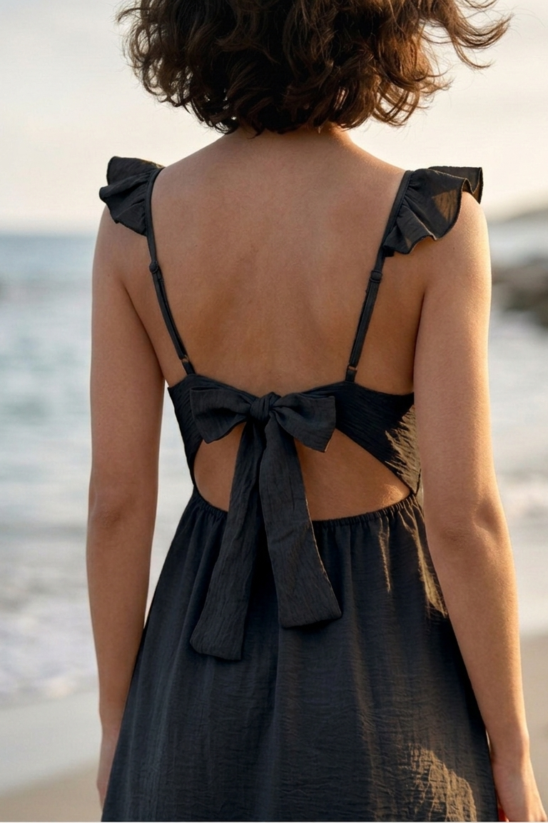 Woman wearing a black dress with bow details on a beach