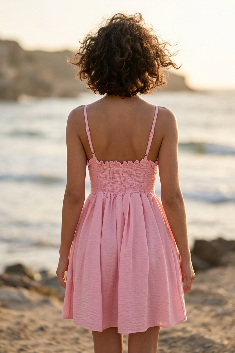 Woman in a pink dress standing on a beach with ocean view