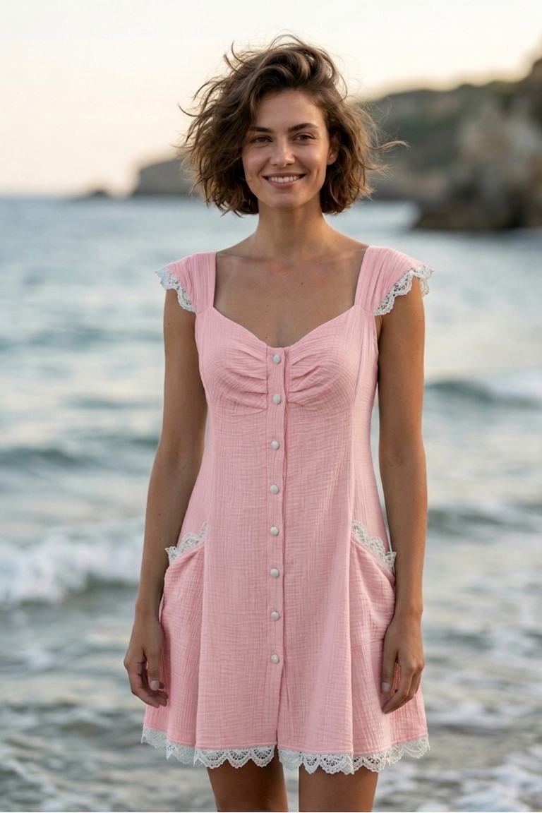 Woman wearing a pink dress with lace details standing by the ocean.