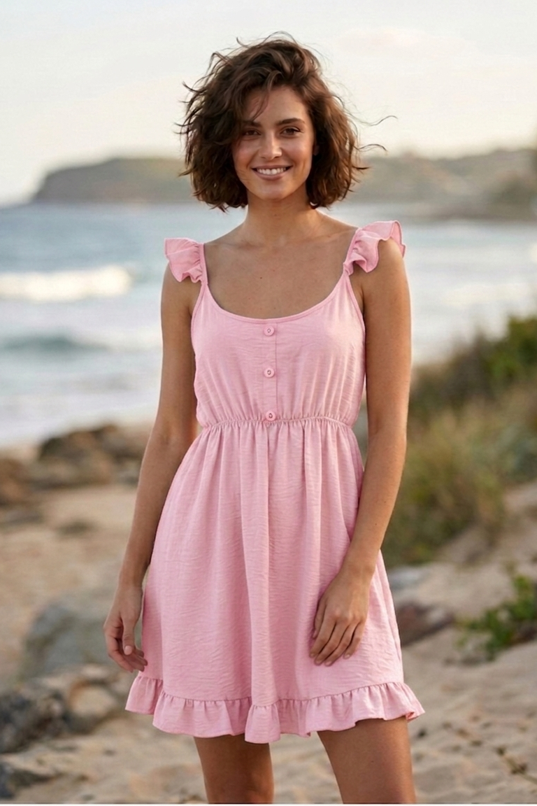 Woman wearing a pink dress on a beach with ocean in the background