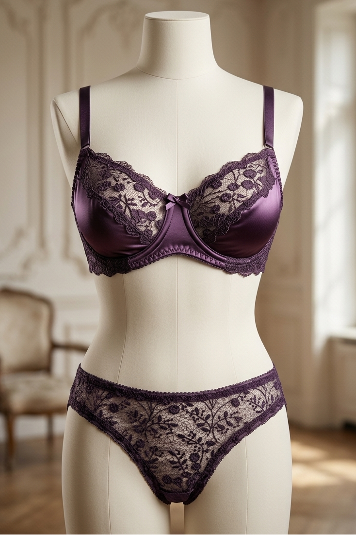 Purple lace lingerie set on a mannequin against a decorative room background