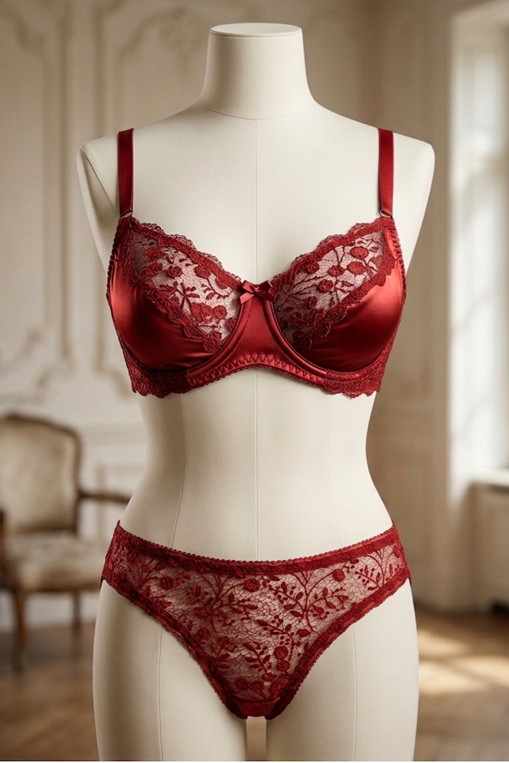 Red lace lingerie set on a mannequin against a classical interior background