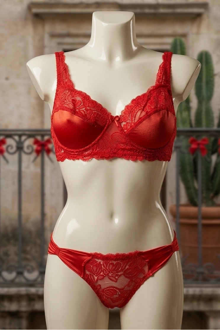 Red lace lingerie set on a mannequin against a stone wall and cactus background