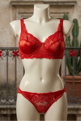Red lace lingerie set on a mannequin against a stone wall and cactus background