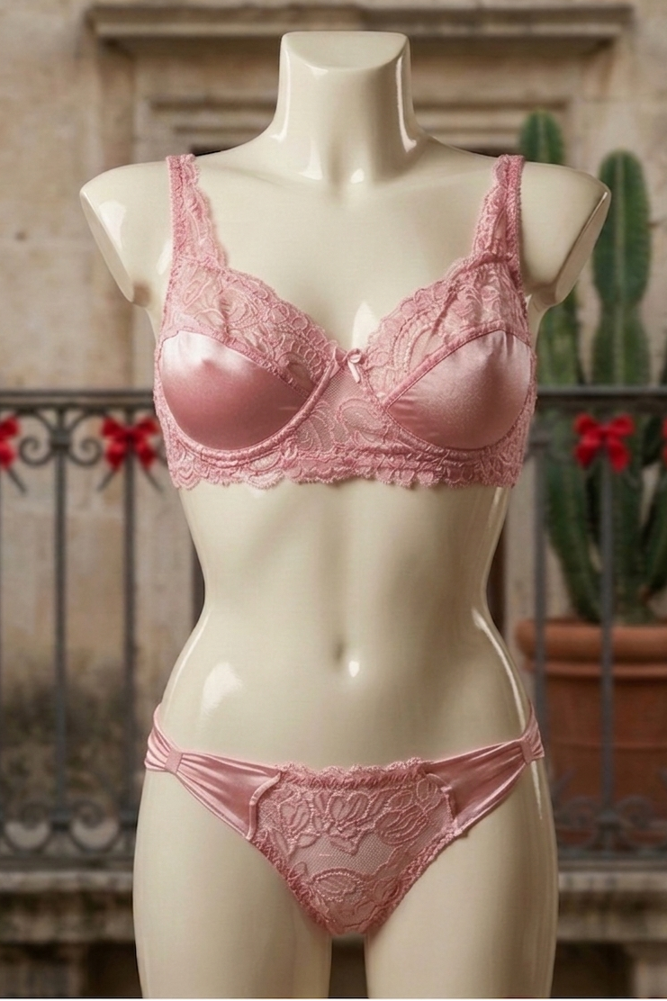 Mannequin wearing pink lace lingerie with a decorative background