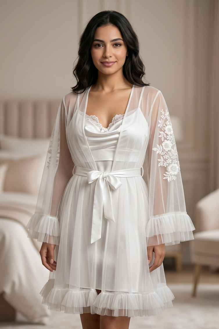 Woman wearing a white lace nightgown in a bedroom setting