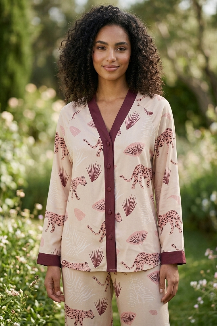 Woman wearing a patterned outfit in a garden setting