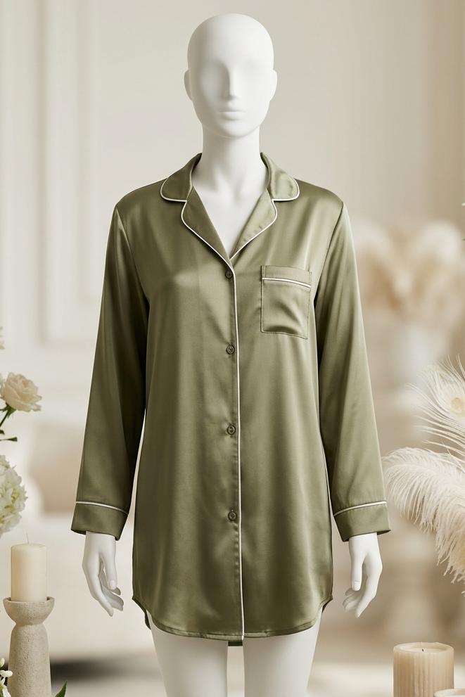 Mannequin wearing a green satin nightshirt in a decorative setting with flowers and candles.