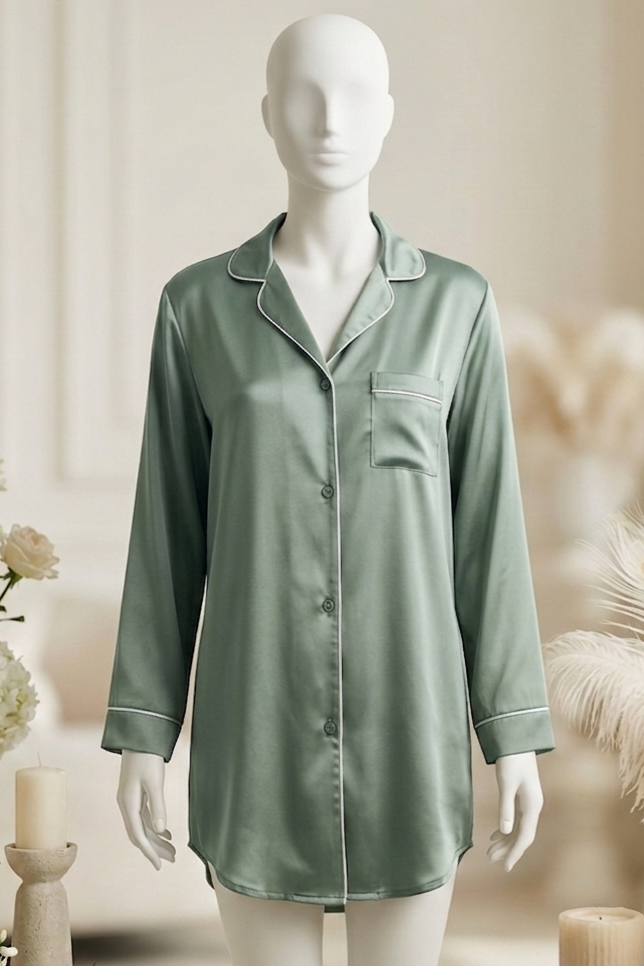 Mannequin wearing a green satin nightshirt with floral and candle decorations in the background.