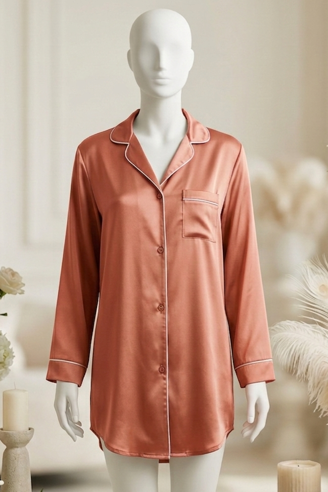 Mannequin wearing a pink satin nightshirt with floral and candle decorations in the background.