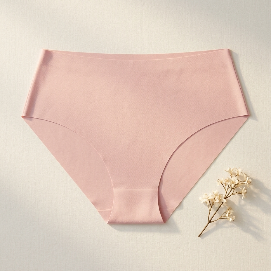 Pink women's underwear on a light gray background with a small flower arrangement.