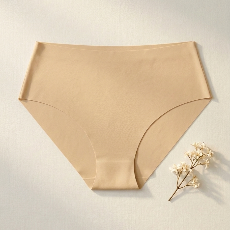 Beige women's underwear on a light gray background with a small flower arrangement.