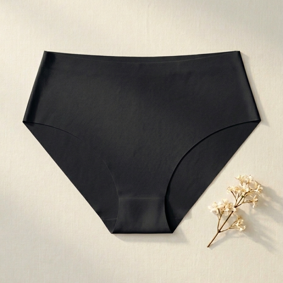 Black underwear on a light gray background with a small plant.