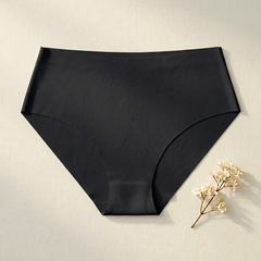 Black underwear on a light gray background with a small plant.