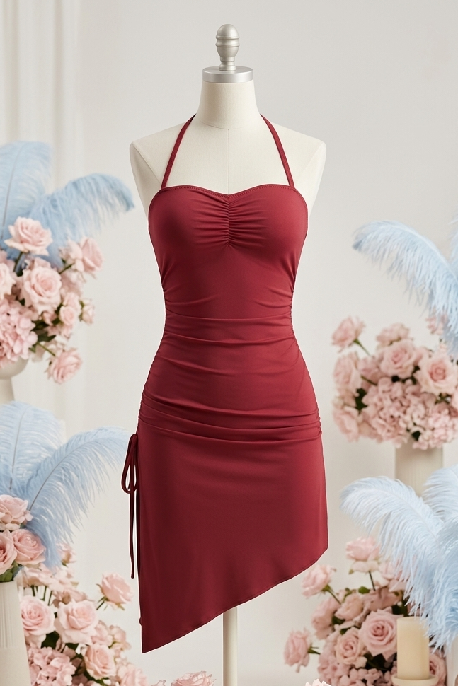 Red dress on a mannequin with floral decorations and candles in the background