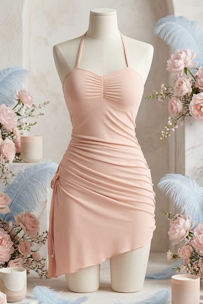 Pink dress on a mannequin with floral decorations and candles in the background