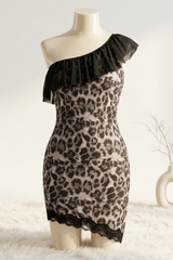 Leopard print dress with black ruffle on a mannequin against a white background