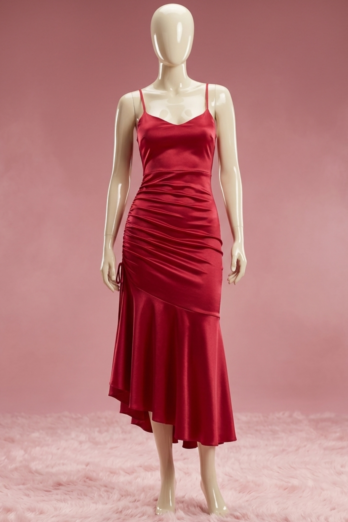 Red dress on a mannequin against a pink background