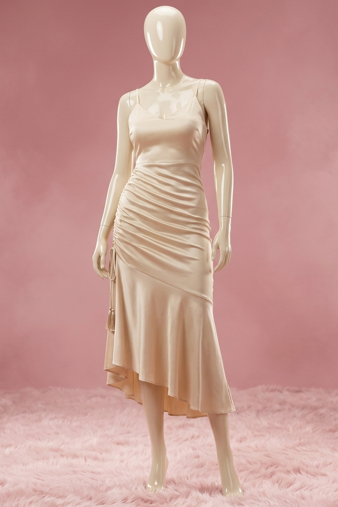Mannequin wearing a beige dress on a pink textured background