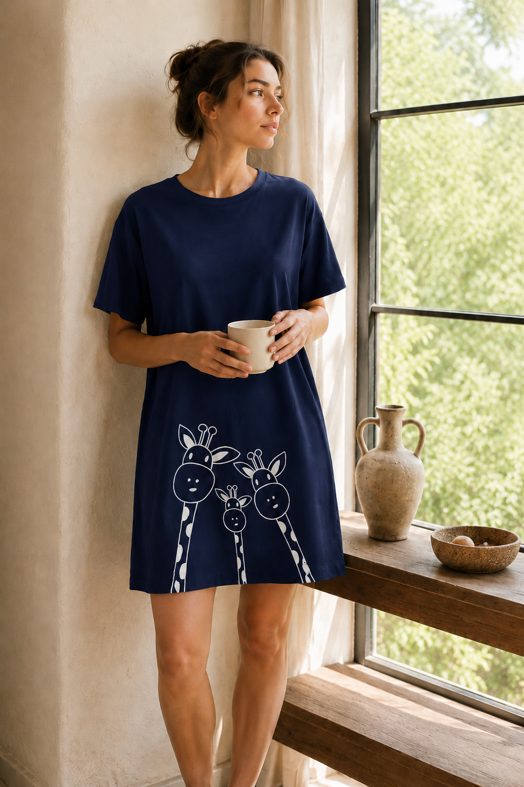 Woman wearing a navy blue dress with animal prints by a window