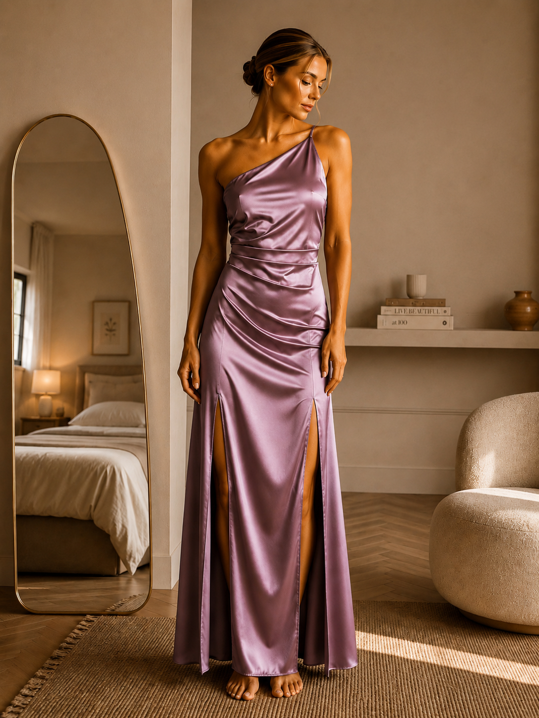 One Shoulder Long Satin Dress